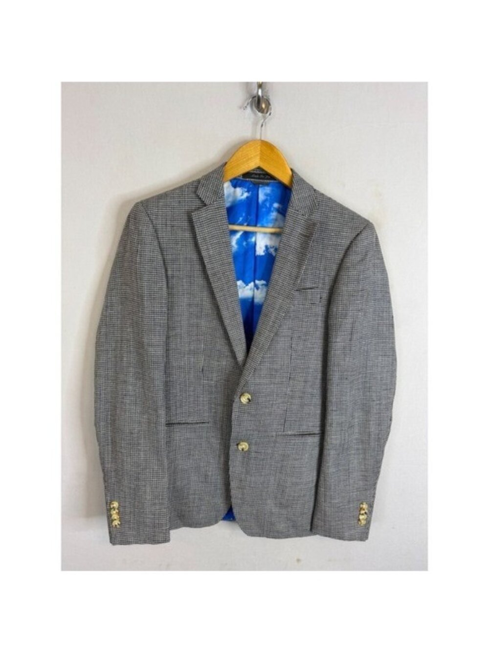 Indochino Mens Wool Linen Houndstooth Blazer Cloud Lining Black White Men 36R